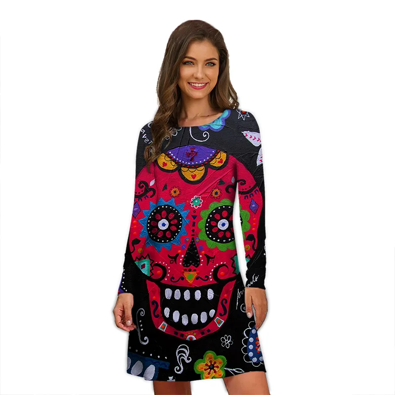 Mini vestido de festa de Halloween feminino, estampa caveira de horror engraçado, tamanho grande, streetwear casual, feminino, tendência, outono, inverno