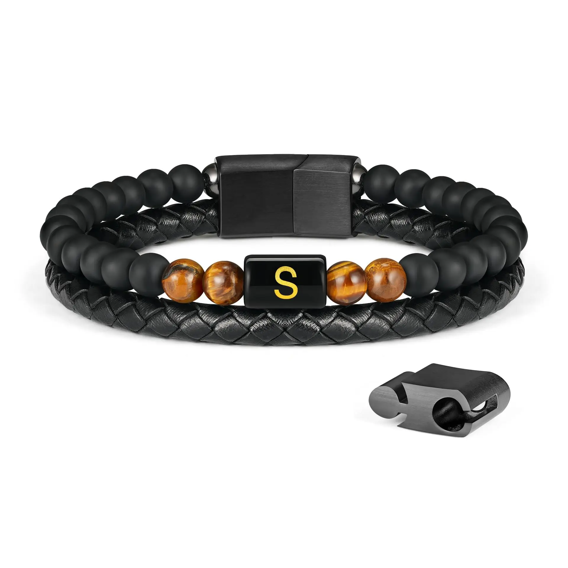 

Men's Gift Stainles Steel Magnetic Buckle Double-Layer Round Rope Black Frosted Tiger Eye Stone 26 Letter Men's Leather Bracelet