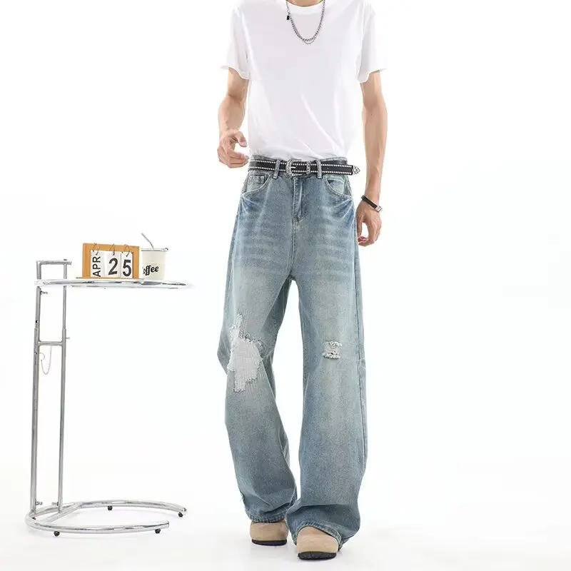 

Retro American Waed Hole Design Straight Leg Jeans Men Women Faded Casual Wide Leg Long Pants Youth Trend Loose Fit Jeans