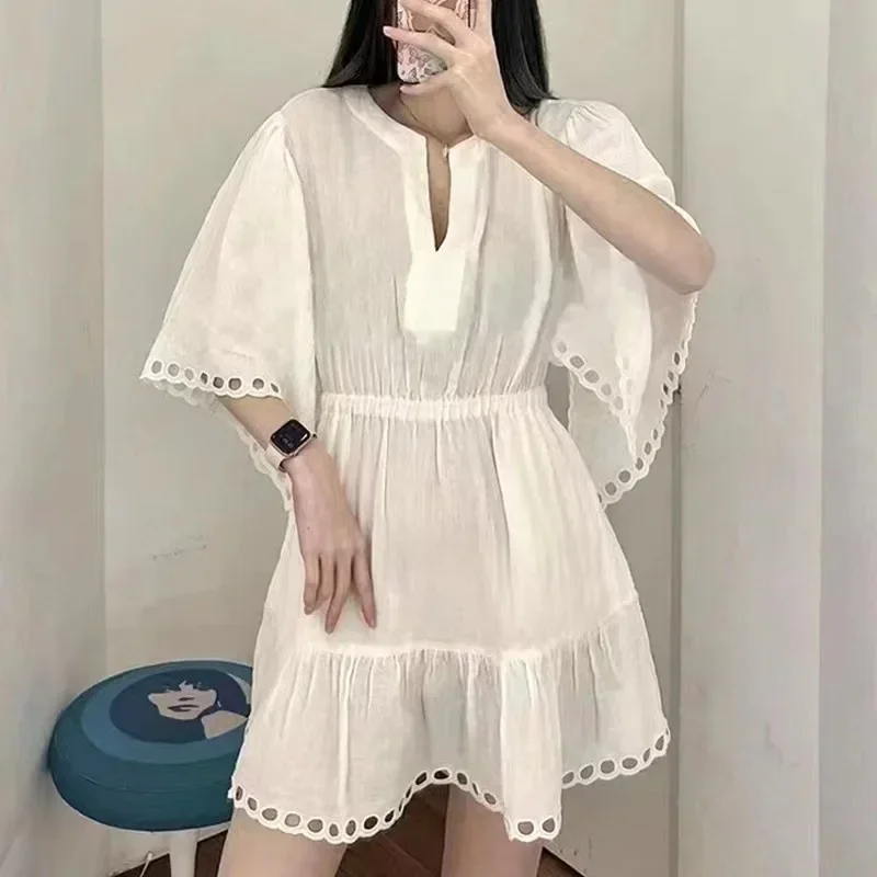 

2023 Summer New Lightweight Breathable Dress Hollow Wide Sleeves V Neck White Mini Dress