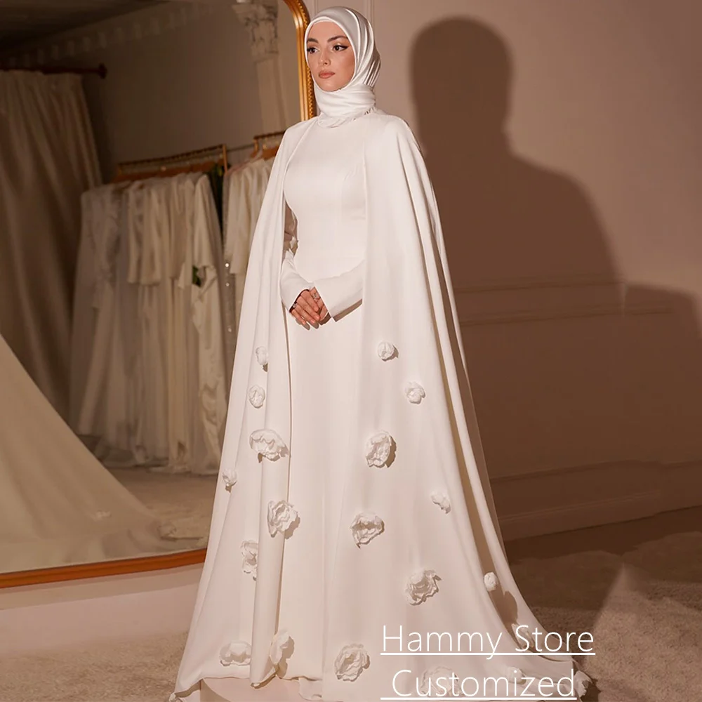 Bescheidenes Muslimisches Hochzeitskleid Maßgeschneidert mit Hohem Kragen, Langen Ärmeln, Handgefertigten Blumen und Schleppe, A-Linie Brautkleid für die Braut