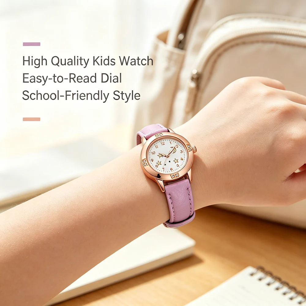 New Star Moon Princess Kids Watches for Girls Strap Rose Gold Rhinestone Bezel Twin Matching Wrist Watch Boys Birthday Gift