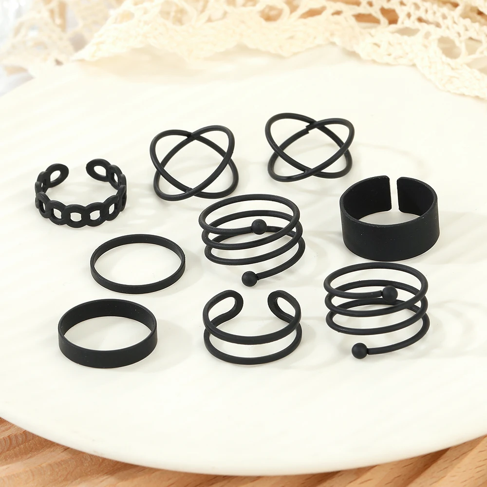 IPARAM Punk Gothic Black Finger Knuckle Ring Set For Women Vintage Minimalist Geometric Chain Wide Ring Fashion Jewelry Gift