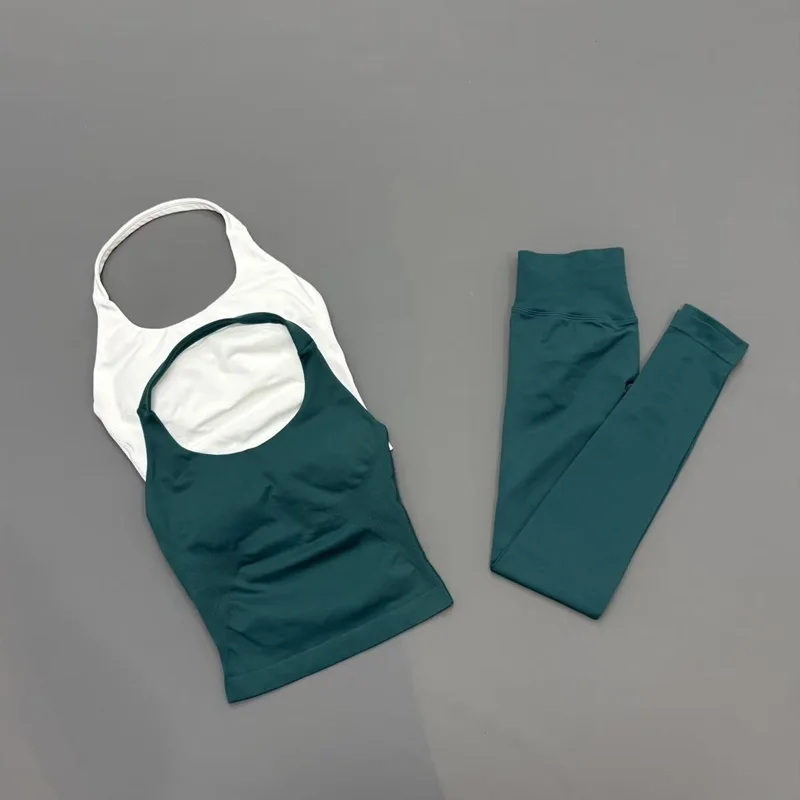 2 Piece Women Gym Set Seamless Halter Sports Top High Waist Leggings Tummy Control Squat Proof Yoga Fitness Activewear