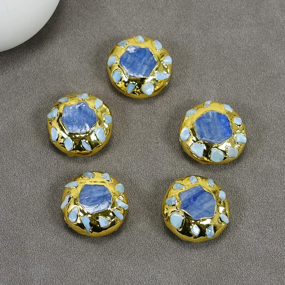 APDGG 5 Pcs 26MM Natural Blue Kyanite Larimar Gems Edge Gold Plated Flat Coin Shape Spacer Beads Connector Jewelry Accessory DIY