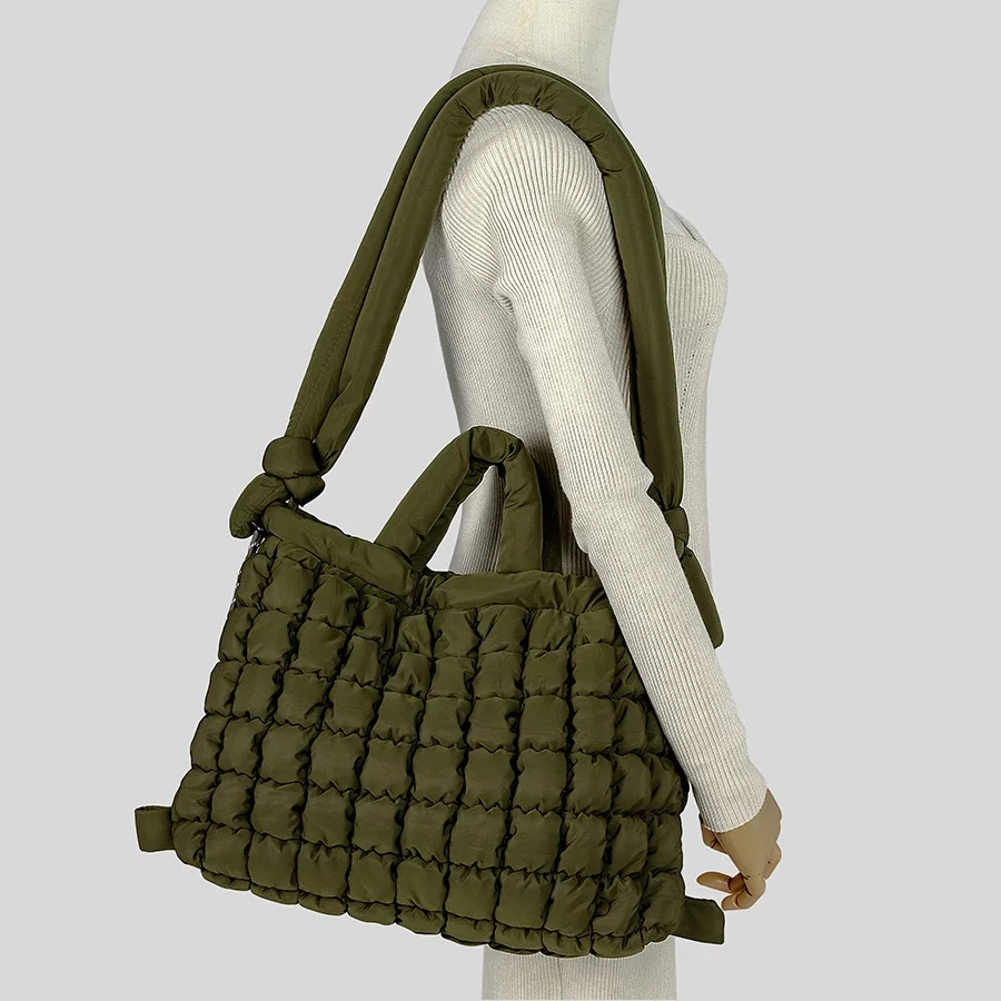 Casual Nylon Quilted Tote Bag Knotted Strap Women Puffer Shopper Bags Crossbody Shoulder Capacity Bag Soft Padded Large Handbag