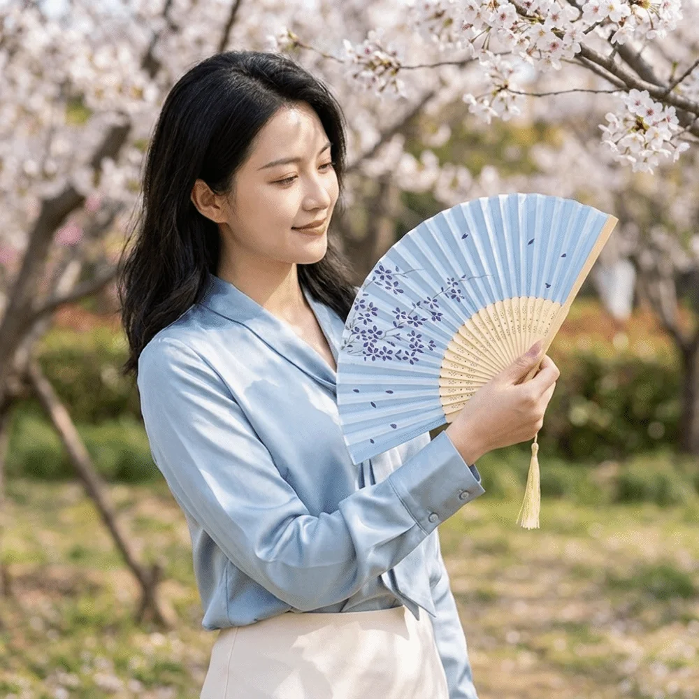 Multifunctional Vintage Chinese Folding Fan with Tassels Creative Hand Fan Decorative Floral Print Dance Fan Photography