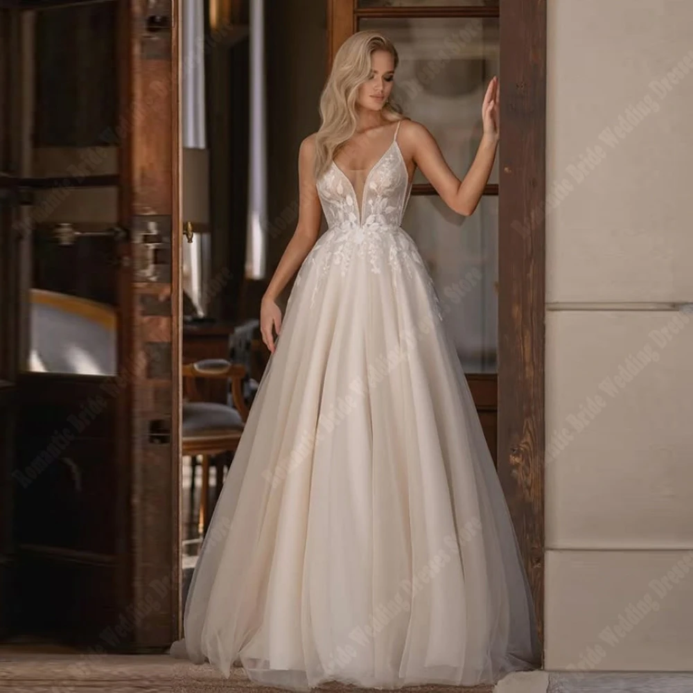 Abiti da sposa da donna senza maniche con scollo a V sexy Abiti da sposa eleganti con stampa in pizzo A-Line Lunghezza lavata Abiti da sposa personalizzati