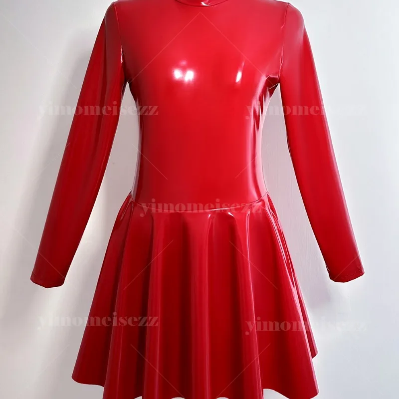 Aangepaste jumpsuit Latin prestatie-outfit Gespiegelde vierzijdige elastische latex + gekleurde verf Hoge hals jurk met lange mouwen 53