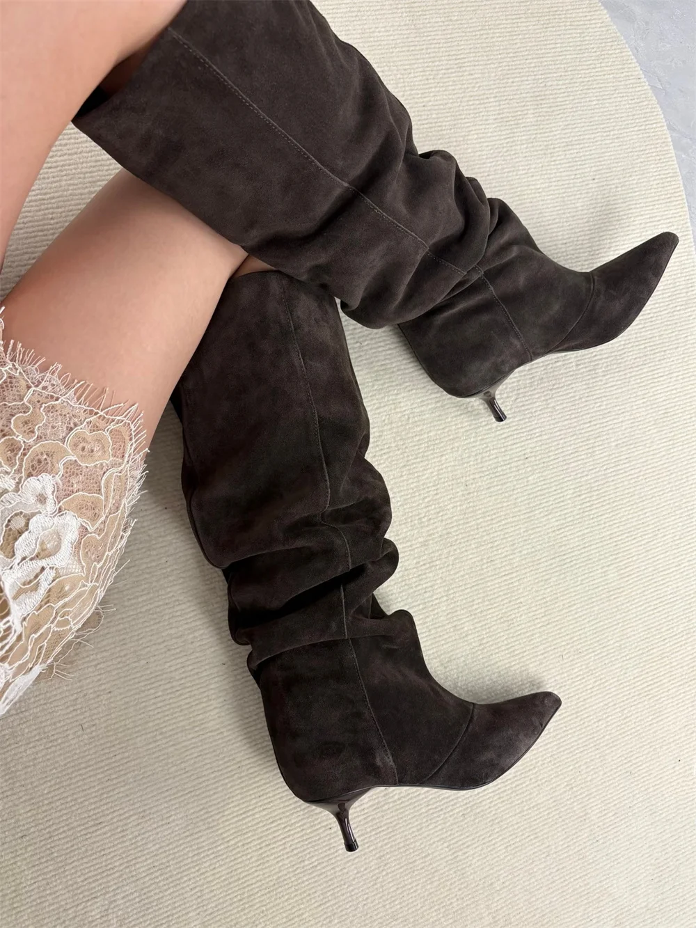 Women's Cow Suede Knee-High Boots - Pointed Toe Kitten Heel