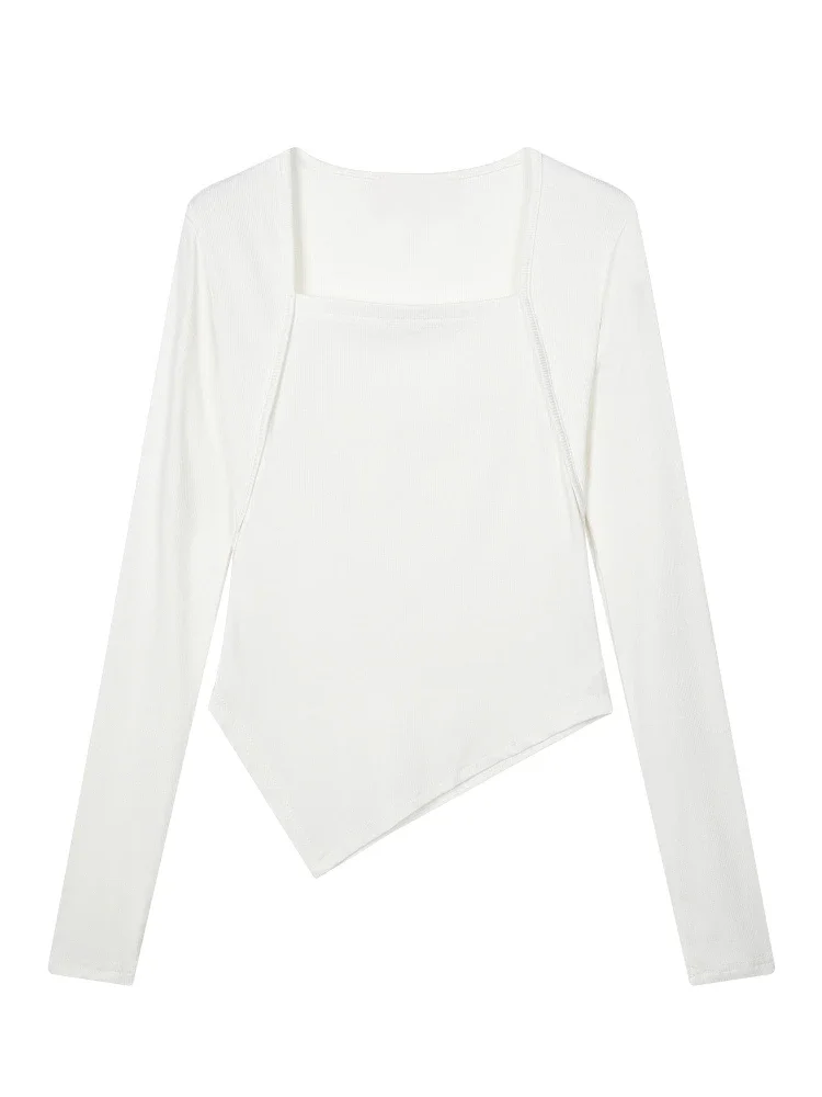 Asymmetrischer, gerippter, schmaler Strickblusen-T-Shirt mit unregelmäßigem Saum, Herbst/Winter 2026, Damen, quadratischer Ausschnitt, langärmlig, sexy Crop-Top – Detail 3