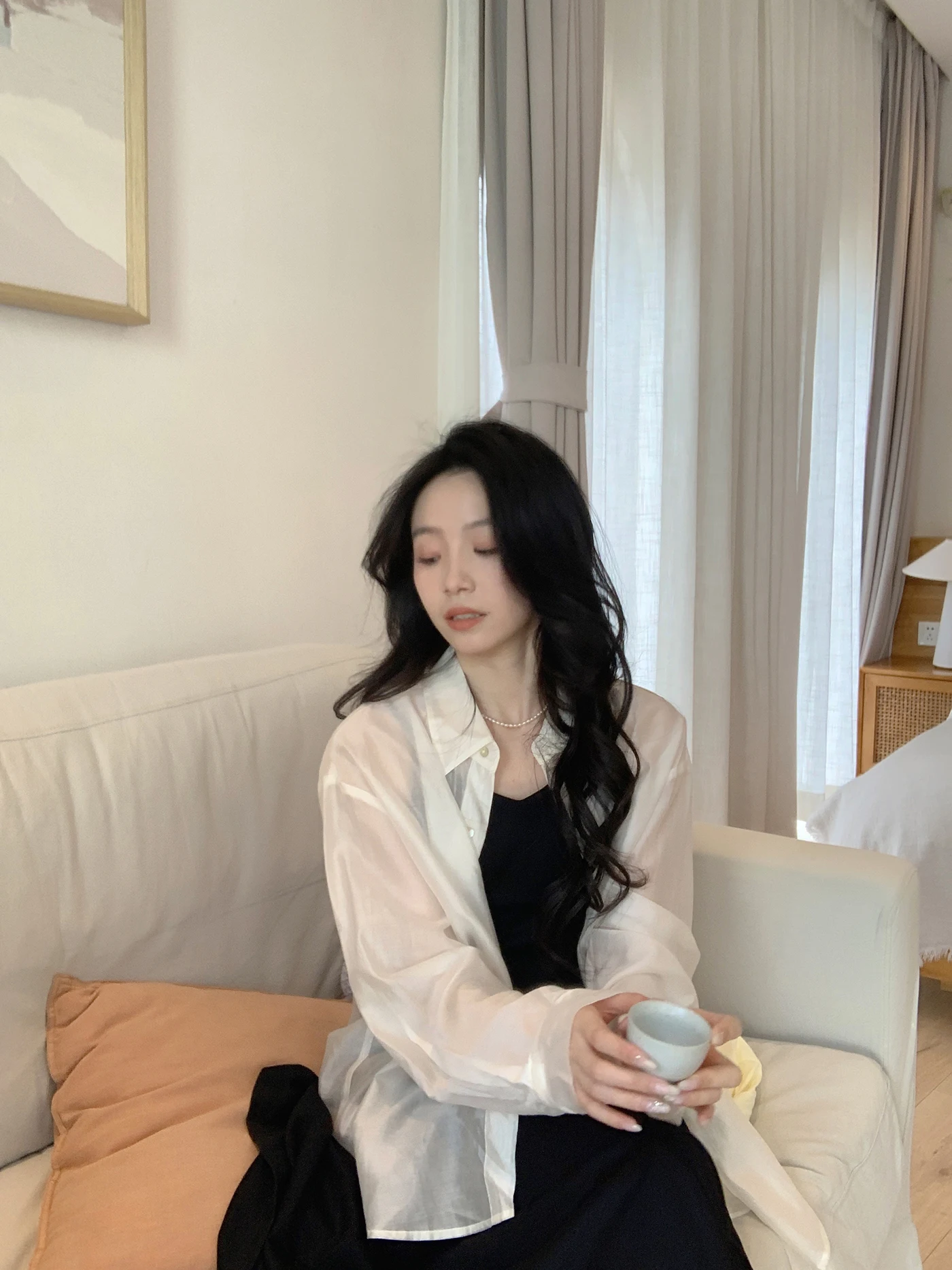 

Женская шелковая блузка Pigpigbig в китайском стиле, длинная, с разрезом, солнцезащитная, свободного кроя, с воротником и застежкой на пуговицы