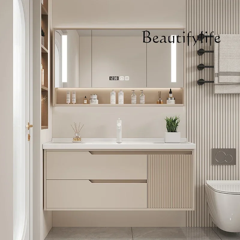 N New Cream Wind Solid Wood Bathroom Cabinet Ceramic Integrated Basin Toilet Washbasin Cabinet Combination