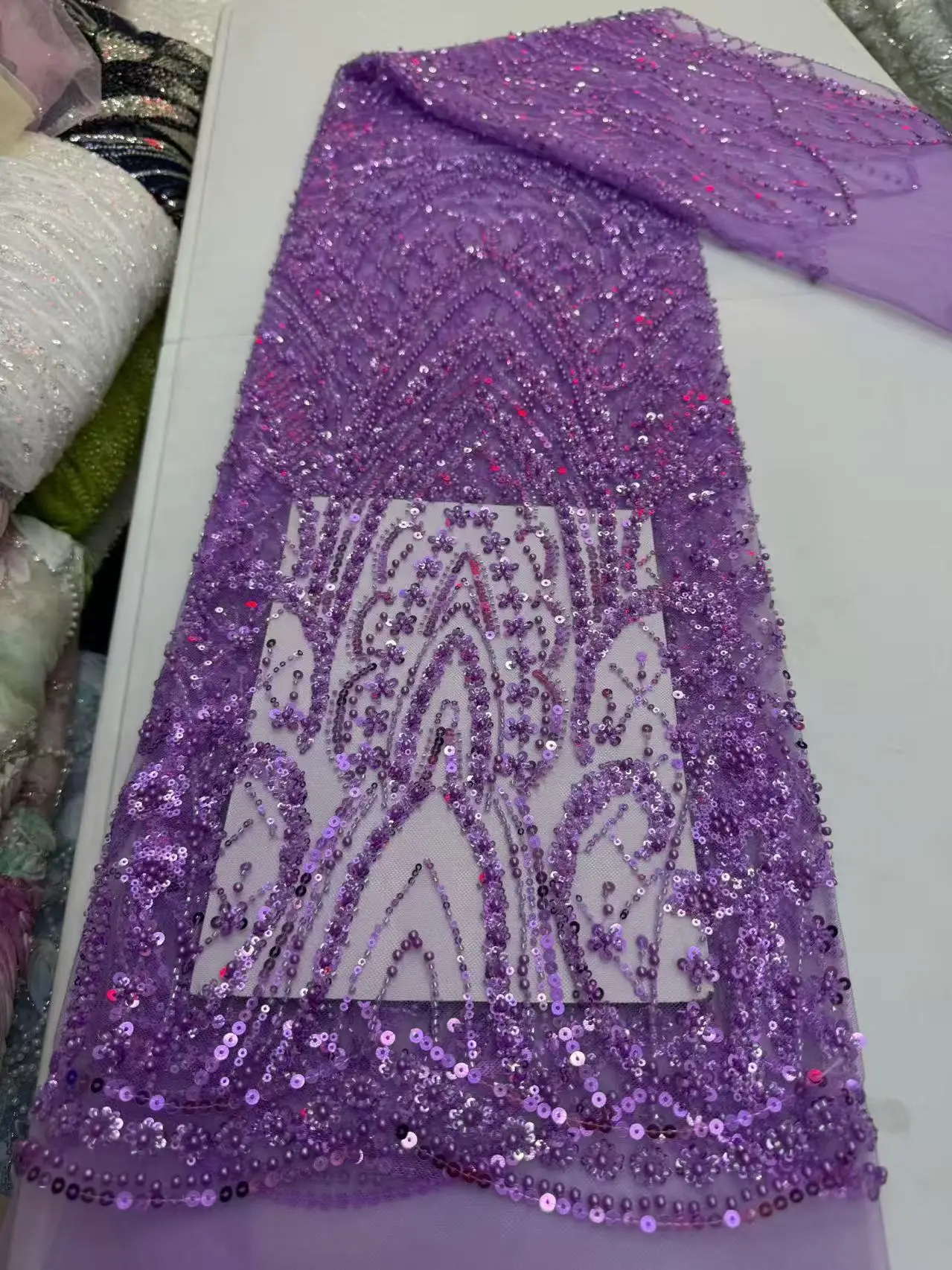 

Purple Luxury French Tulle Net Lace with Sequins and Beads African Nigerian Embroidered Lace Fabric Lace Fabric Dress Sewing