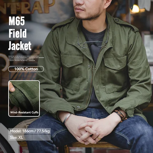 Maden-chaquetas militares M65 para hombre, chaqueta militar Vintage verde, cortavientos informal, cuello de solapa sólido con bolsillos, abrigo