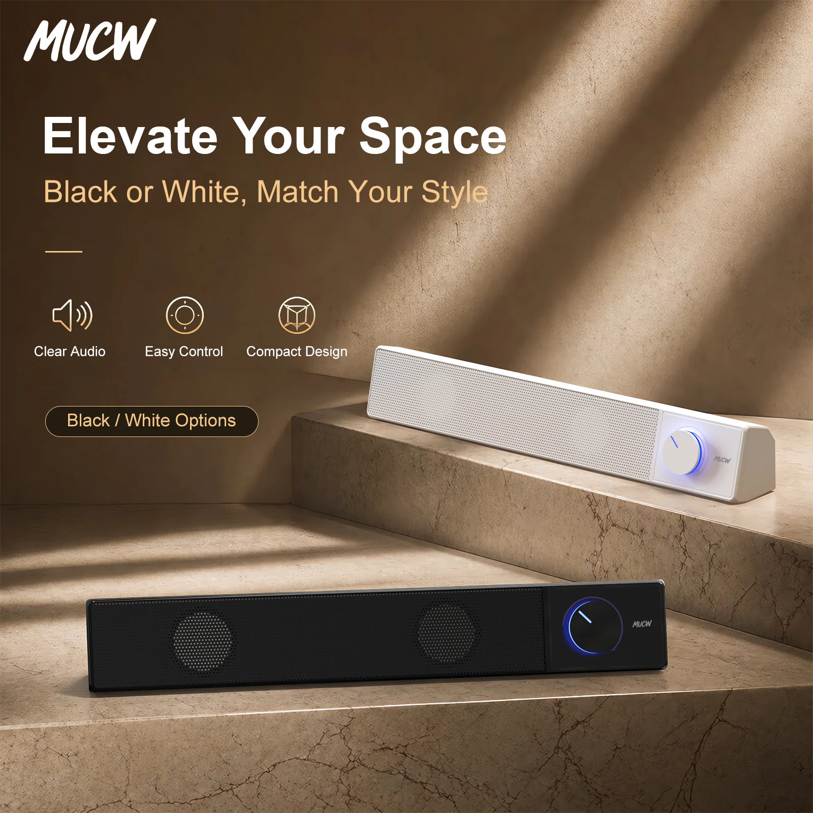 MUCW MU‑C12 Wired Computer Soundbar 6W Stereo Desktop Speaker USB Powered 3.5mm AUX Input Sound Bar For Laptop Monitor PC Office Home