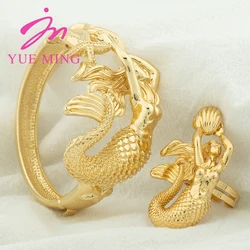 YM African Gold Color Bangles with Ring Nigeria Bride Wedding Banquet Charm Mermaid Bracelet Jewelry Gift Copper Adjustable Ring