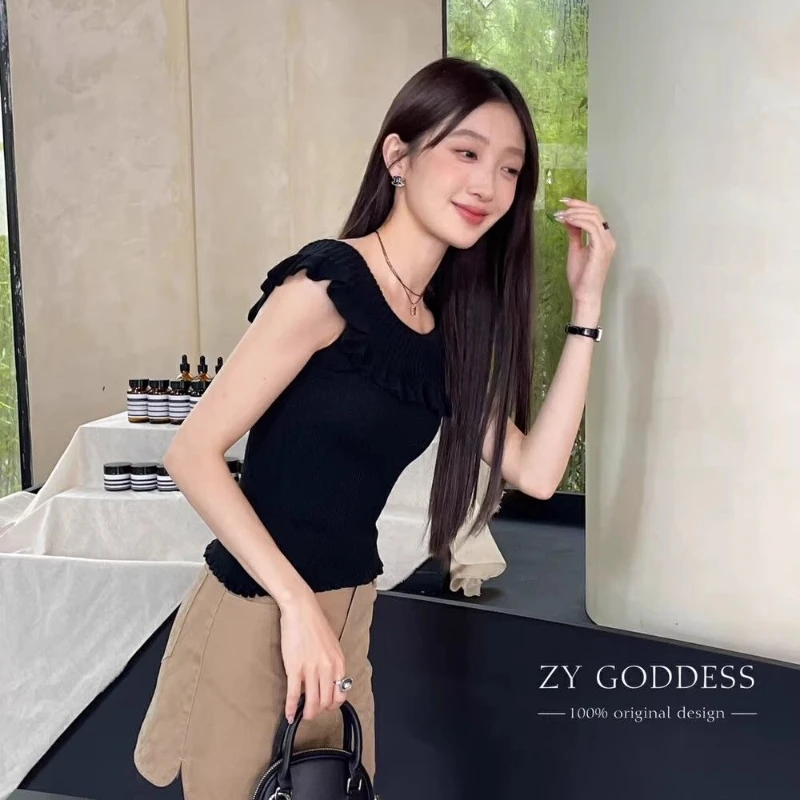 Slash Neck Crop Pullovers Women Sweet Elegant Ruffles Summer Pure Knitting Tops Female Streetwear All-match Design Korean Soft