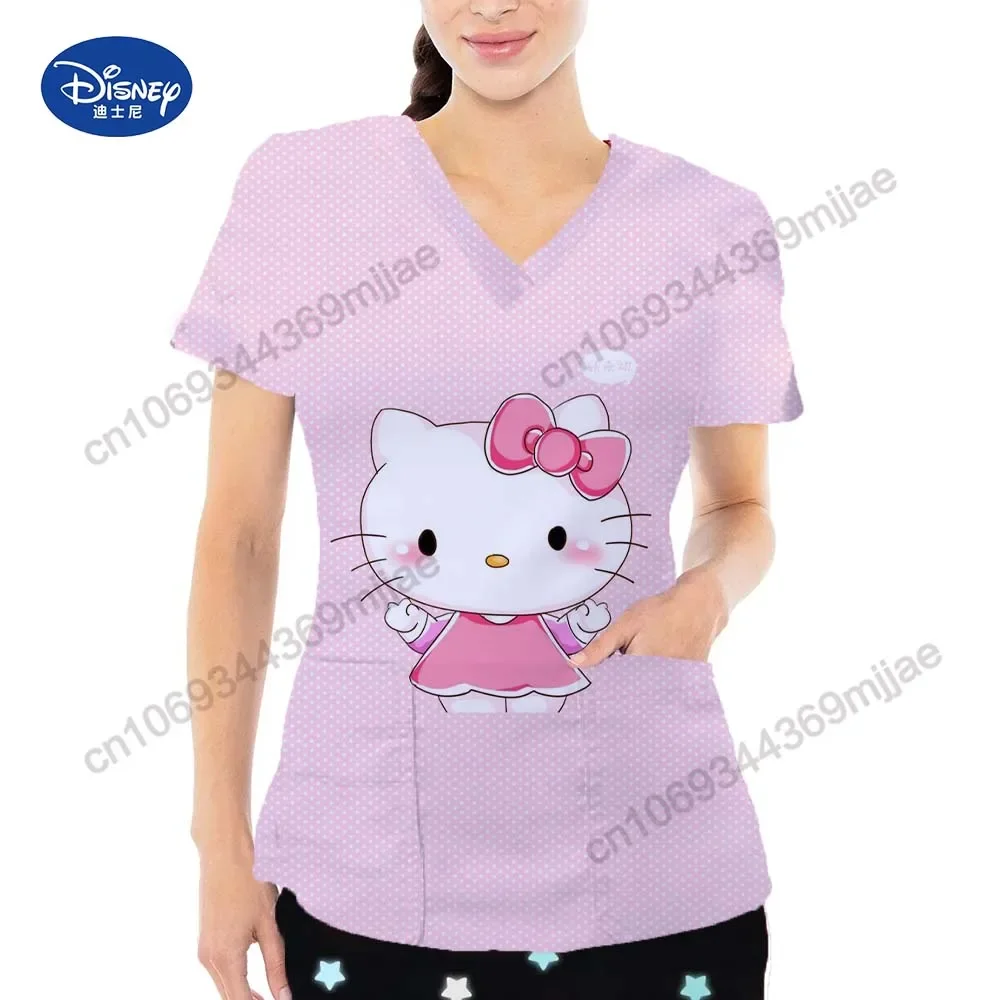 New Fashion Holle Kitty printed pattern V-neck double pocket design for summer 2024, casual and comfortable nursing uniform