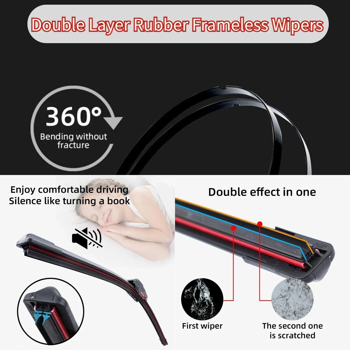 Car Windshield Wiper Blades Double Layer Rubber Frameless Bracketless Car Soft Wipers Auto Windscreen Wipers Accessories