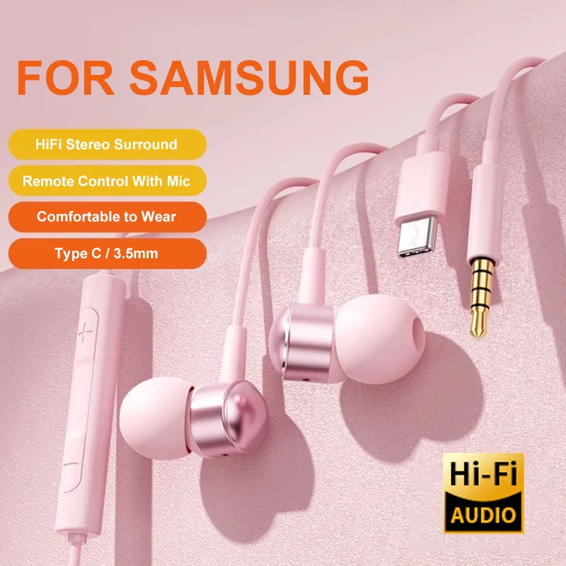 USB C Headphone HiFi Bass Stereo Volume Control Mic Type C 3.5mm Wired Earbuds For Galaxy S25 S24 S23 Ultra iPhone 16 15 Pro Max