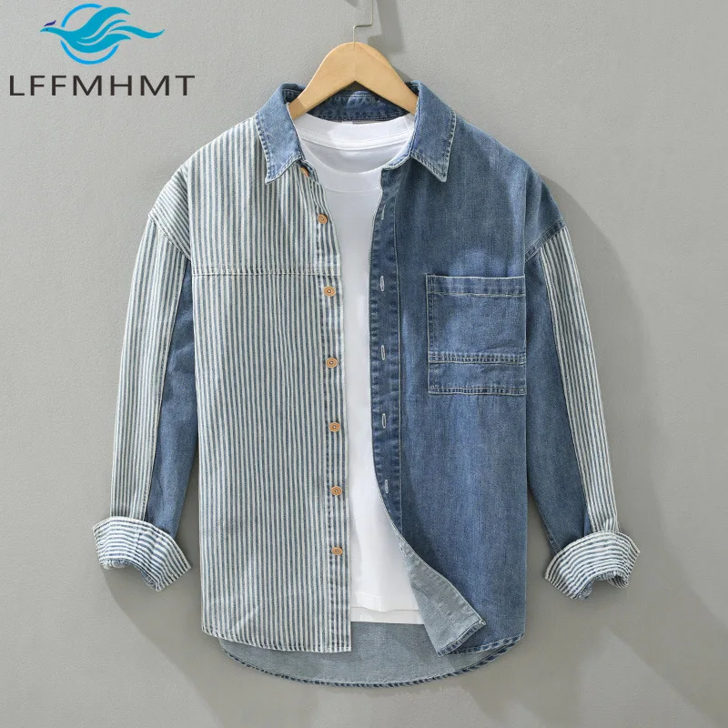 Spring Autumn Men Denim Shirt Hong Kong Style Casual Loose Vertical Stripe Splicing Fashion Patchwork Long Sleeve Blouse Tops