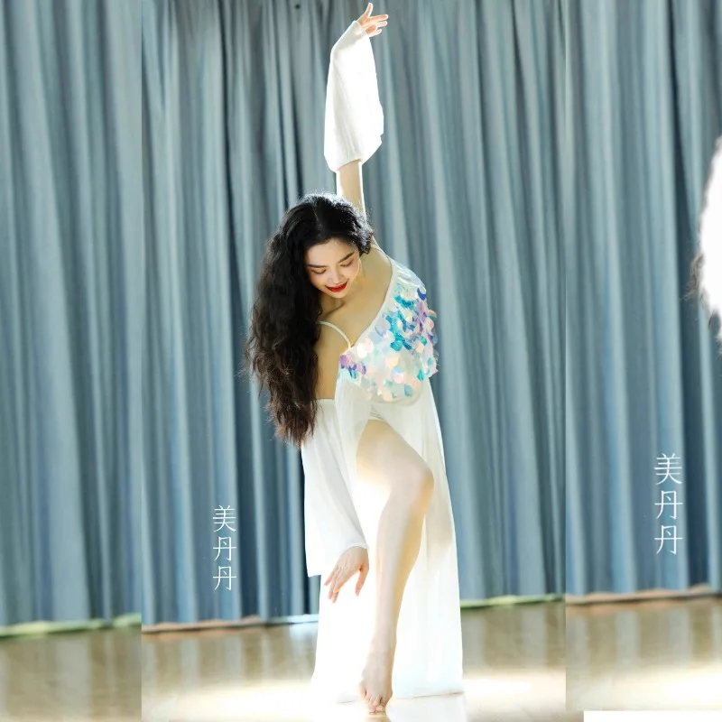 تخصيص جديد أزياء الرقص الشرقي مجموعة فستان الأداء فستان فستان مزاجه ممارسة الملابس الأبيض كبير سوينغ تنورة