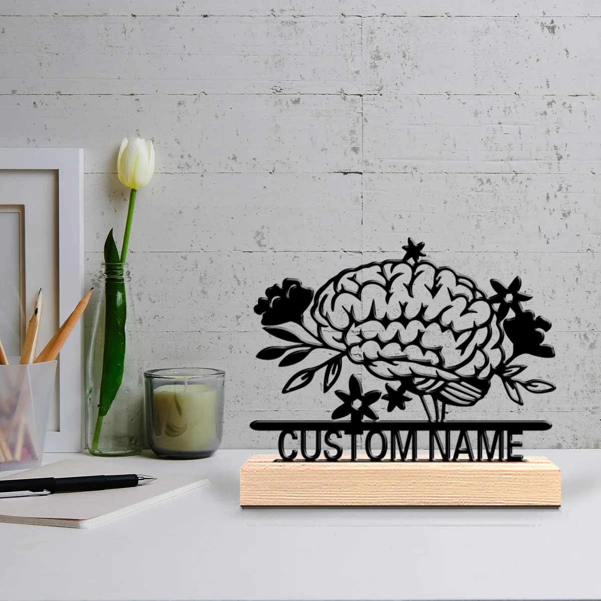 Statues métalliques de cerebrum personnalisées, 1 pièce, Art en métal avec base en bois, psychologue, espaces de bureau Geeky