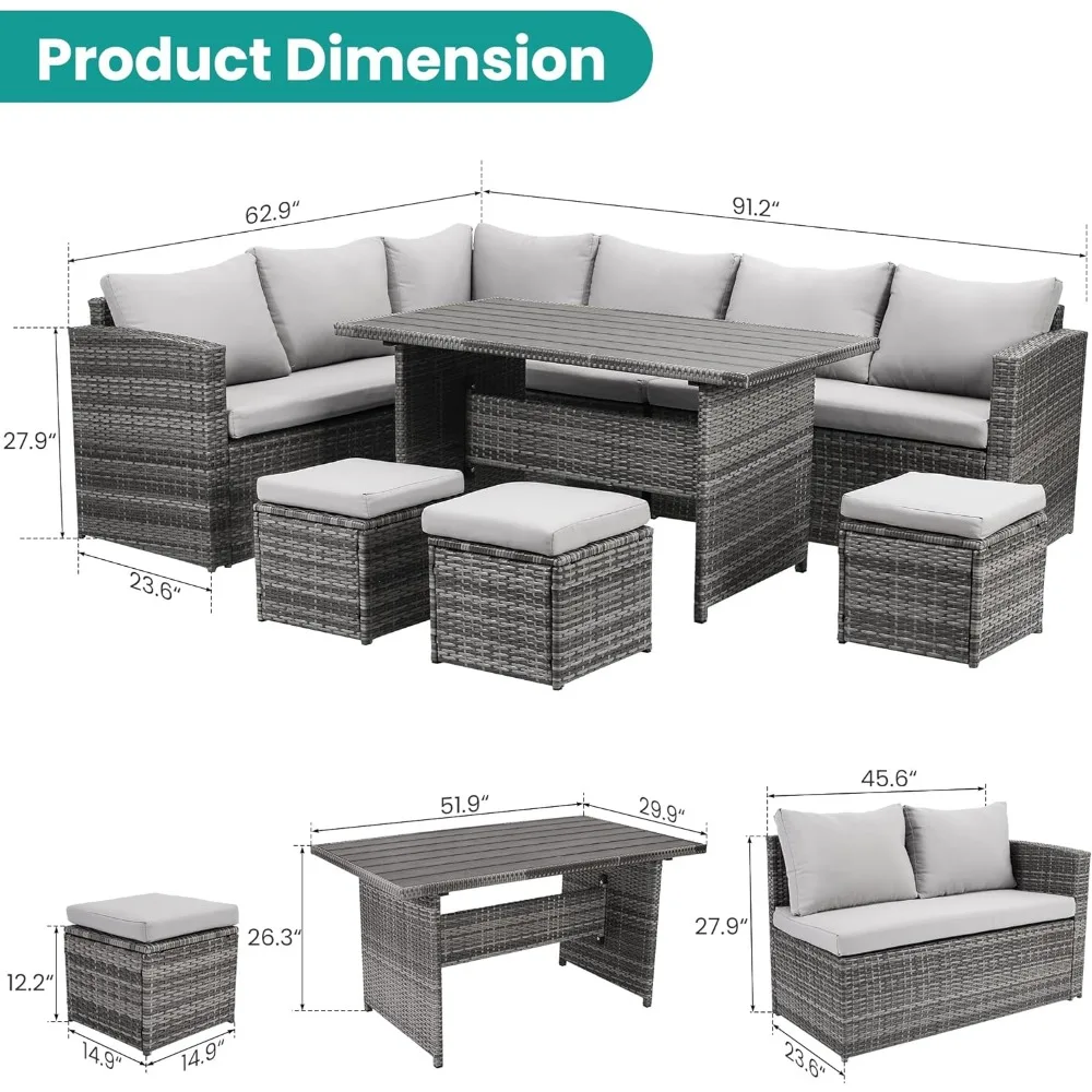 Meubles d'extérieur avec table à manger et chaise, ensemble de conversation de l'UNICEF avec bitions oman, gris, housse anti-poussière de canapé incluse, 7 pièces