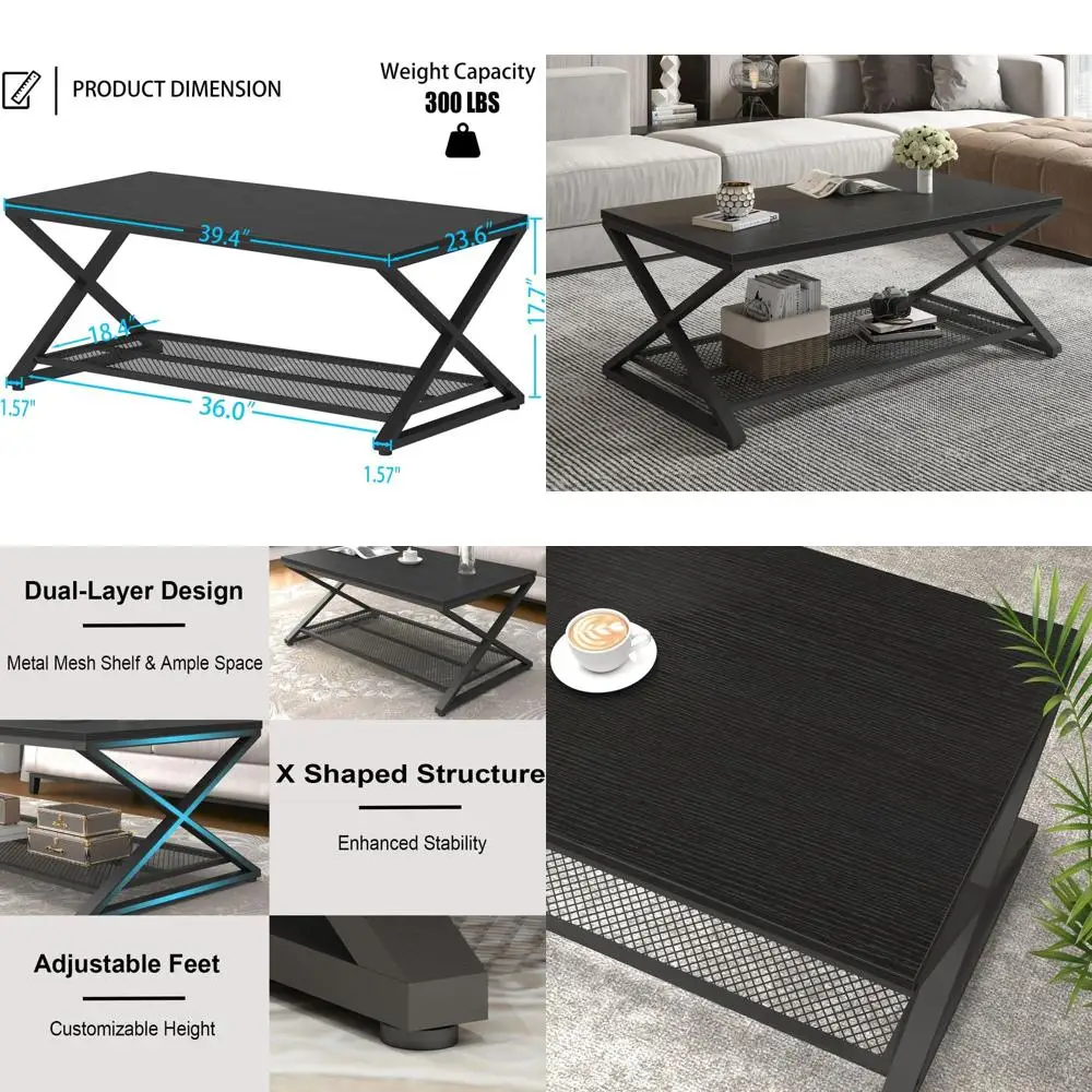 Modern 2-Tier Metal & Wood Coffee Table with Storage, 39 Black Oak Rectangular Center Table for Living Room & Office