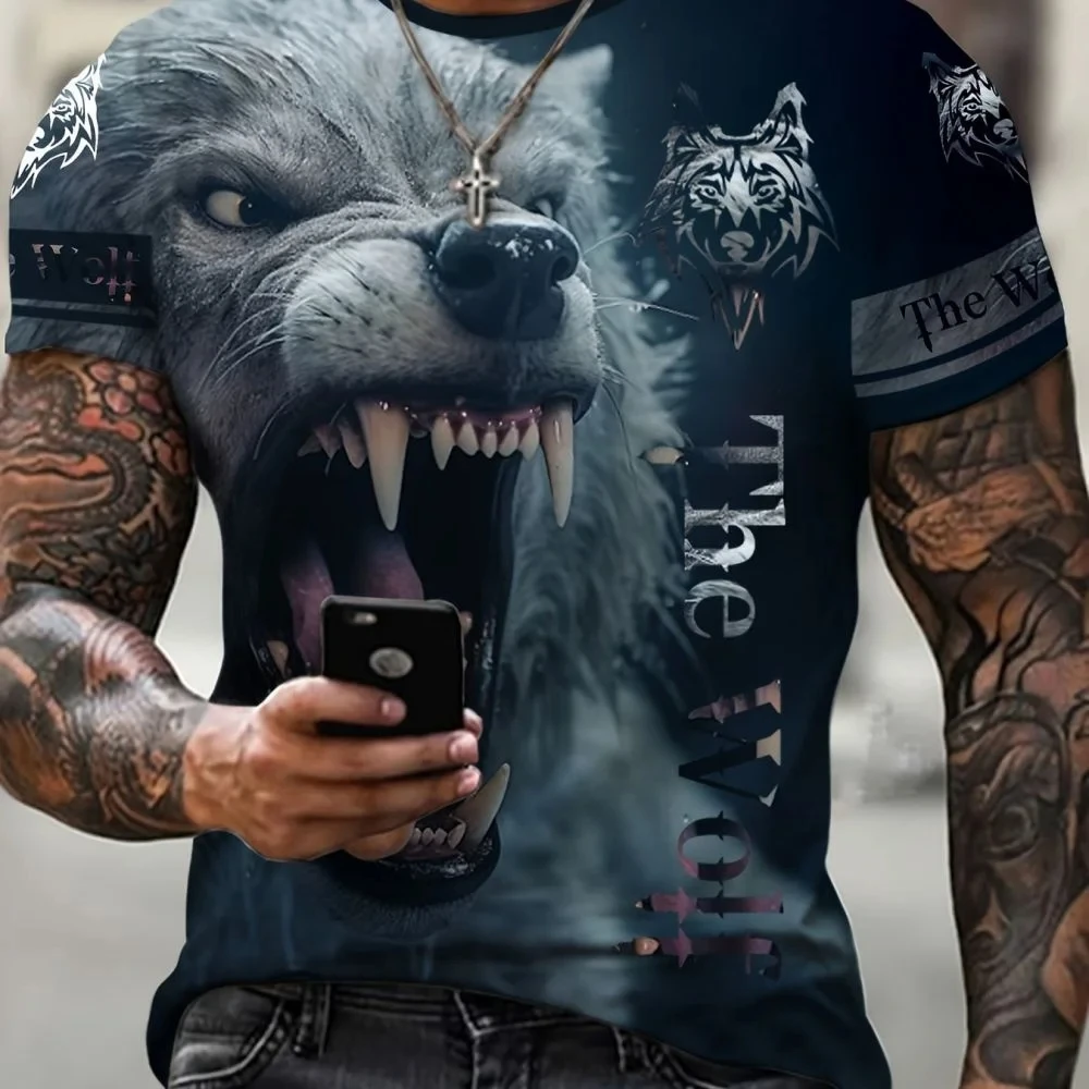 New Wolf T-shirt For Men 3D Animal Print Pullover O Neck Casual Short Sleeve Tees Fashion Street Sweatshirt Male Oversized Tops