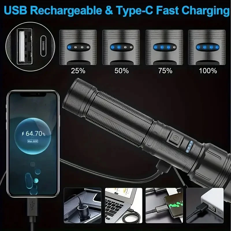 مصباح LED مغناطيسي قابل لإعادة الشحن، متعدد الوظائف، مصباح يدوي فائق السطوع، 7 أوضاع مع ضوء COB، تكبير تلسكوبي للتخييم