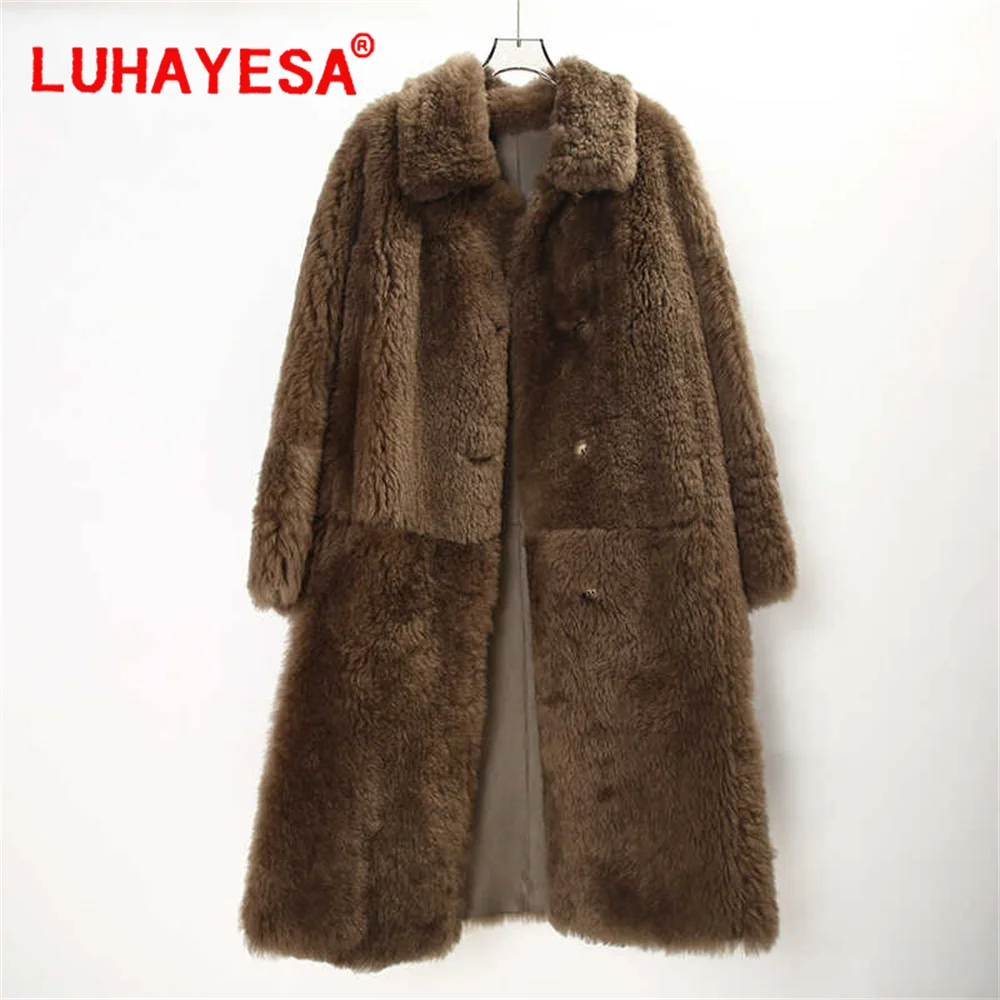 2024 Mosna Lamb Fur Shearling Clothes Women Long Brown Winter Real Fur Overcoat