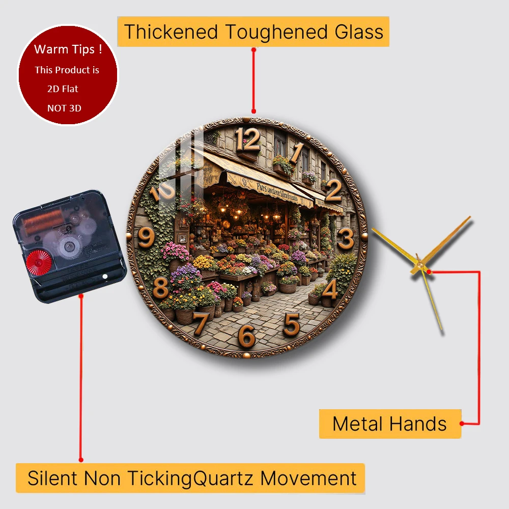 Tempered Glass Wall Clock Parisian Flower Shop Clock Suitable For Wall Decor or Tabletop Display Anywhere