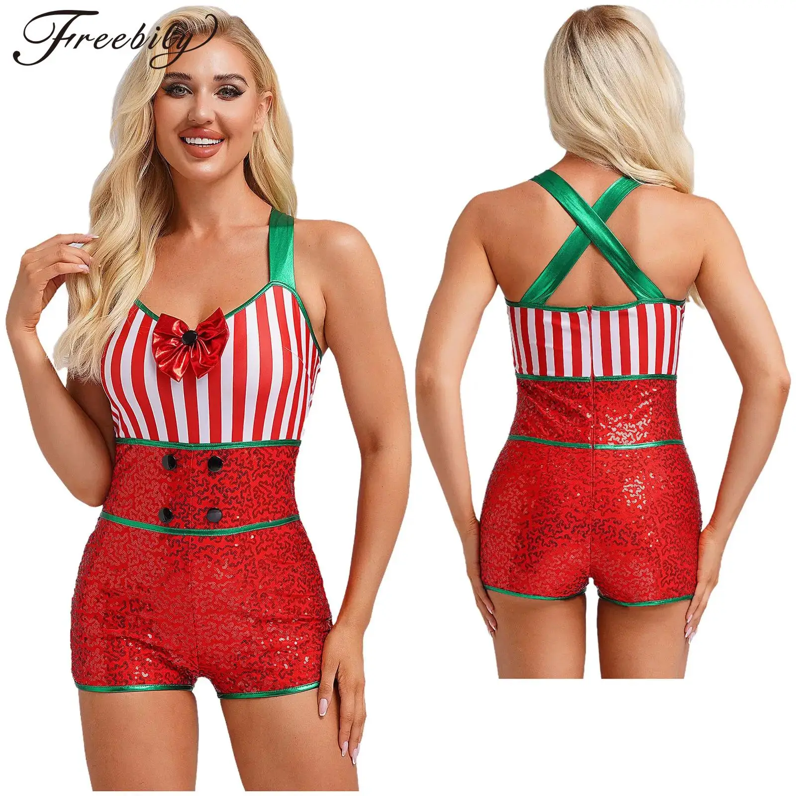 Body de fiesta de Carnaval de Navidad para mujer, leotardo de gimnasia, Ballet, danza, sin mangas, con lazo de lentejuelas, mono de bastón de caramelo a rayas