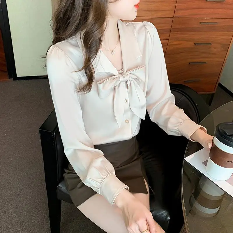 Bow Polo Neck Solid Color Office Blouse Spring Autumn Long Sleeve All-match Korean Shirt Tops Temperament Fashion Women Clothing
