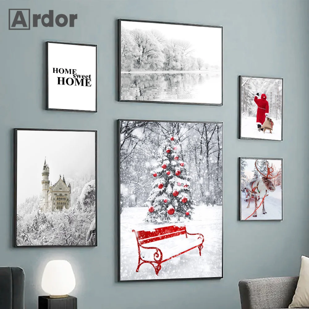 

Winter Snow Scenery Poster Pine Red Car Snowman Wall Art Canvas Painting Elk House Print Nordic Christma Picture Gift Home Decor