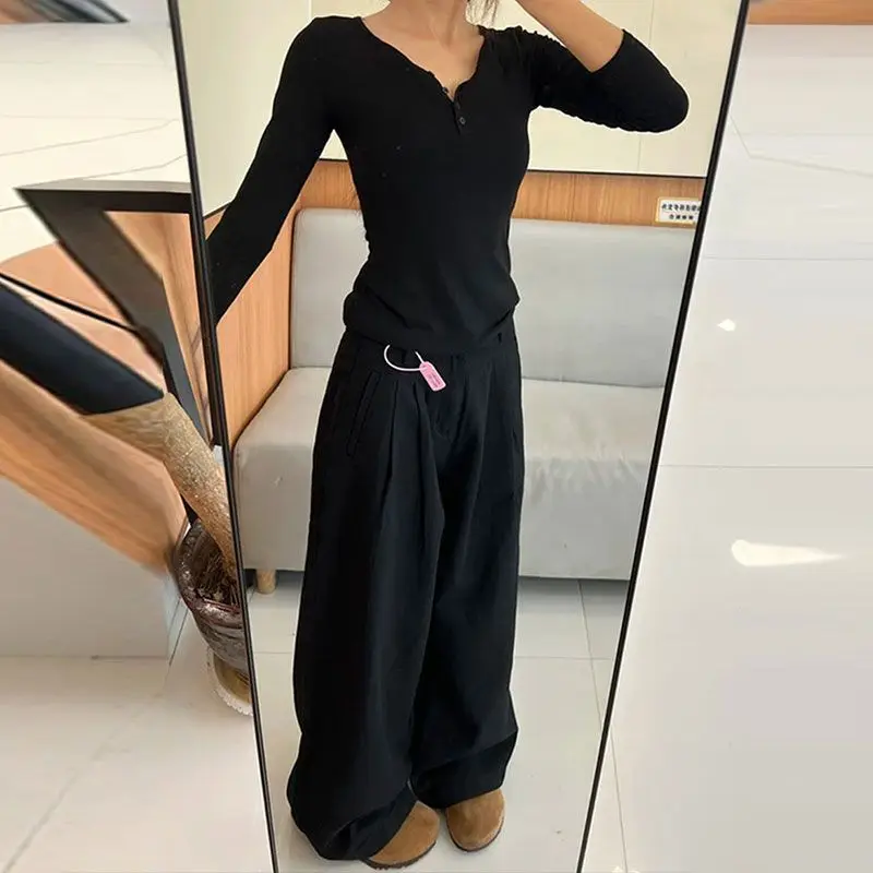 New Black Wide-leg Jeans Women in Summer High-waist Solid Color Versatile Loose Lazy Style Retro Straight Pants