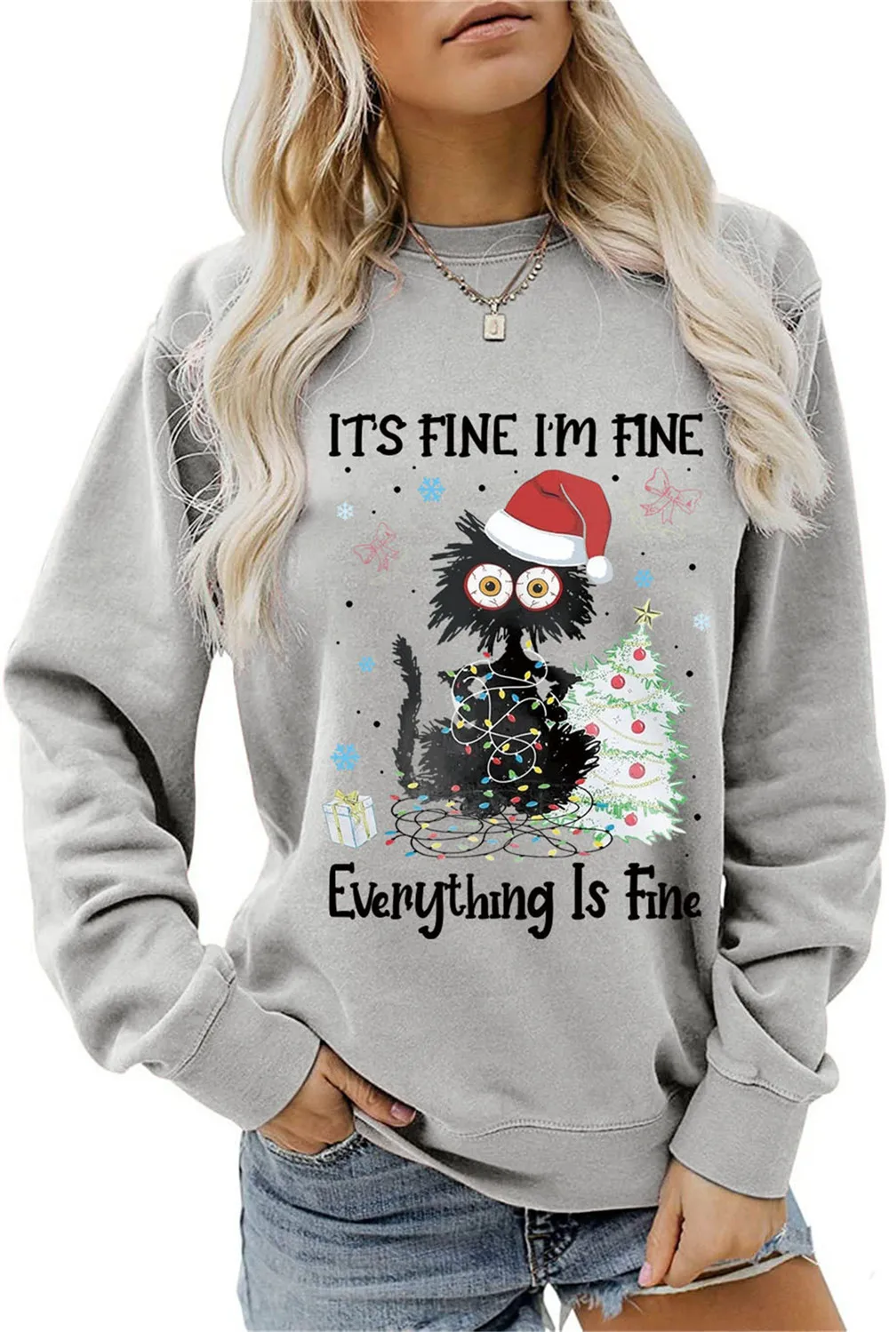 

It's Fine I'm Fine Everything Is Fine Sweatshirts for Women Funny Christmas Cat Print Long Sleeve Pullover Crewneck Sweatshirt