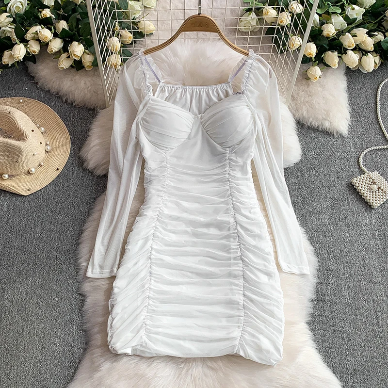 Sexy Quadrat Kragen Langarm Kleid Frauen Sommer Weiß Mesh Plissee Schlank Warp Hüften Kleid Dame Kurze Party Kleider