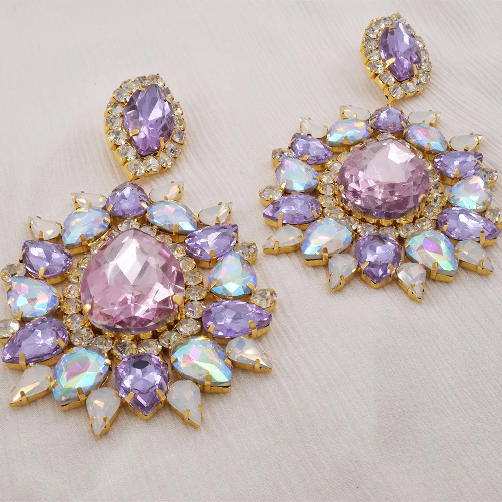 140g Weight Huge Earring Clip on14.5CM Elegant Purple Crystal Women Pink Drop  Fashion Jewelry for Beauty pageant Drag queen