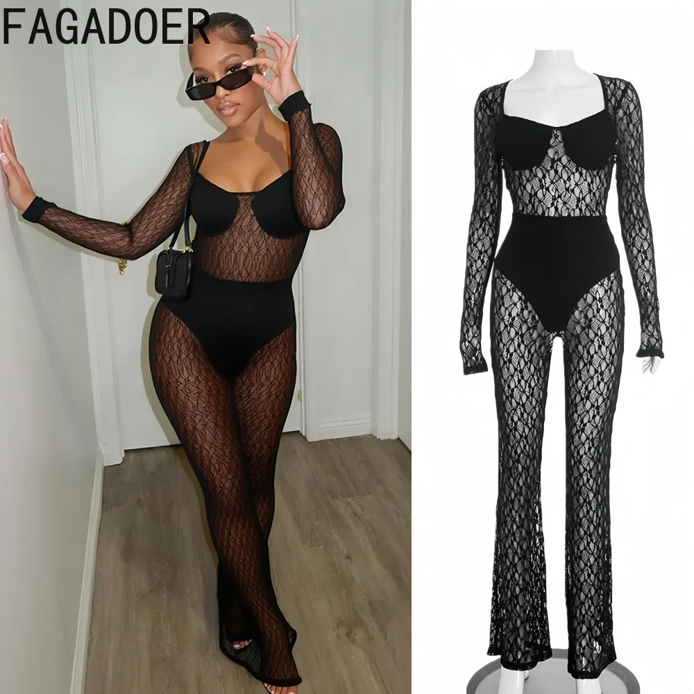 

FAGADOER Sexy Mesh See Through Bodycon Jumpsuits for Women Solid Color Long Sleeves Rompers Female Streetwear Overalls 2025 New