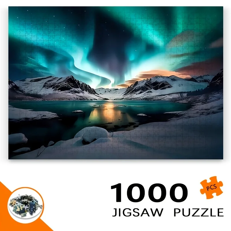 Rompecabezas Northern Lights Aurora Borealis de 1000 piezas para adultos - Escena nocturna de lago de montaña de invierno con verde vibrante y azul