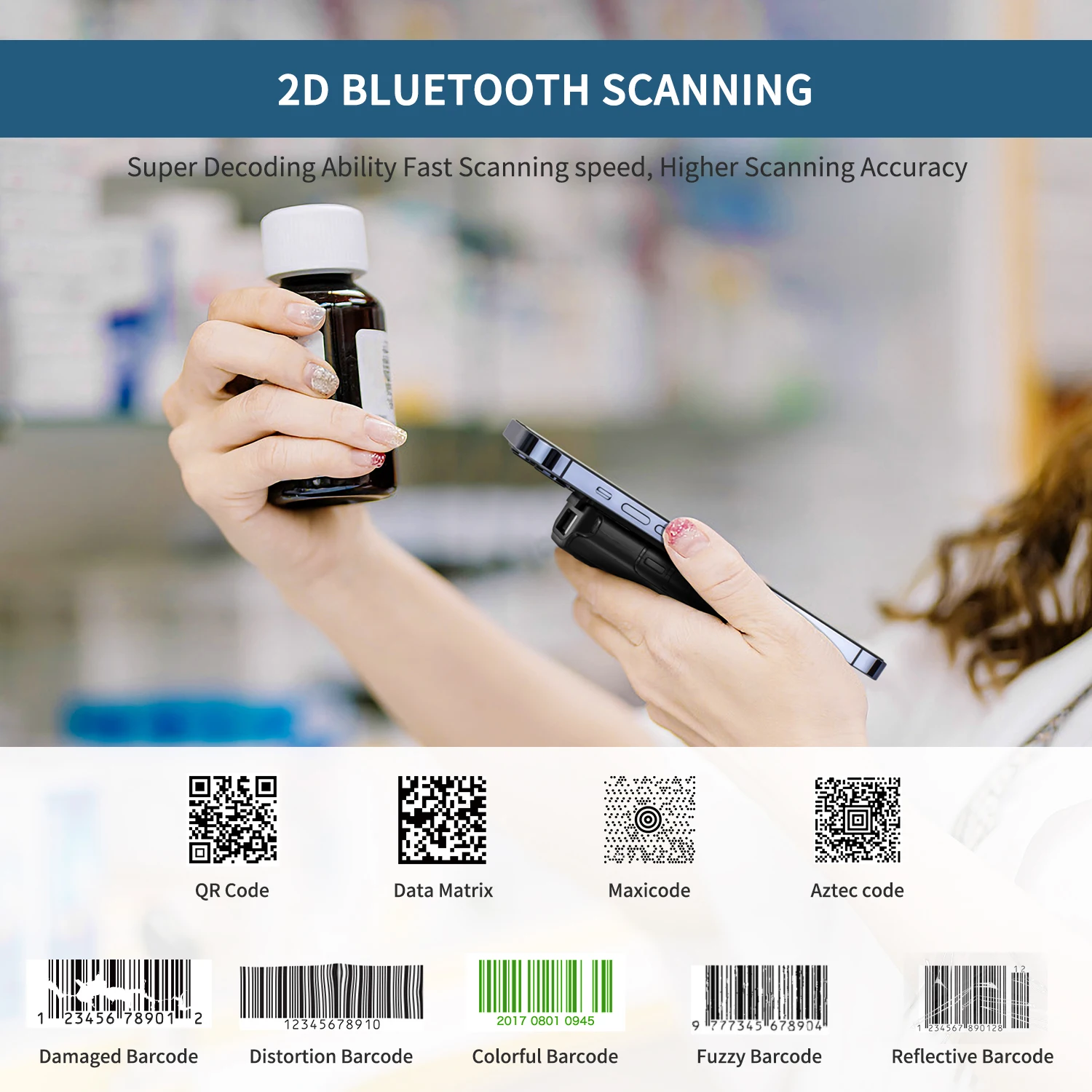 Netum E-800 Einfach an das Telefon befestigen, kabelloser Bluetooth-tragbarer Rückenclip, 2D-Barcode-Scanner für Smartphones