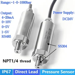NPT1/4 Pressure Sensor 4-20mA 0-10V 0-600bar Direct Lead Pressure Treansducer IP67 Direct Lead Pressure Transmitter 100bar 20bar