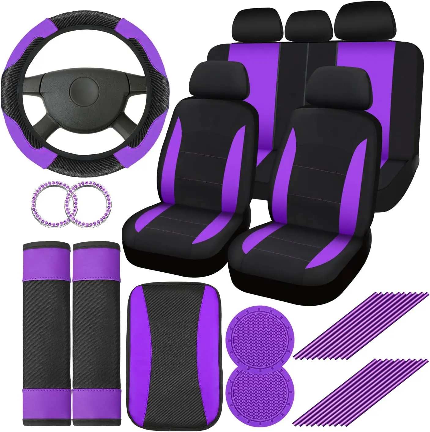 

29-Piece Car Seat Cover Set with Protectors, Cup Mats, Steering Wheel Cover & Accessories in Purple for Men and Women