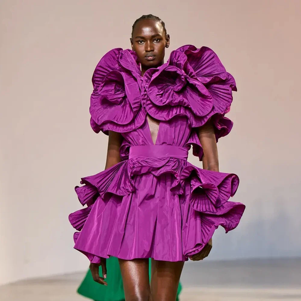 

DEIVE TEGER 2024 New Summer Women's Fashion Purple Ruffle Edge V-neck Sexy Ruffle Edge Satin Mini Dress Elegant Party Dress