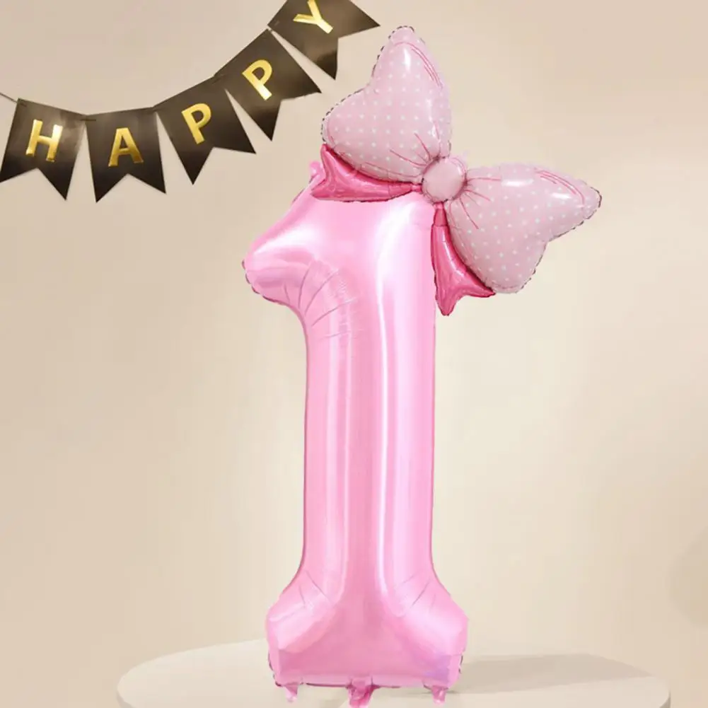 Balloons with Straw 40 Inch Happy Party Balloon Set with Number Bowknot Shape Aluminum Film Balloon Straw Pink Number for Girls