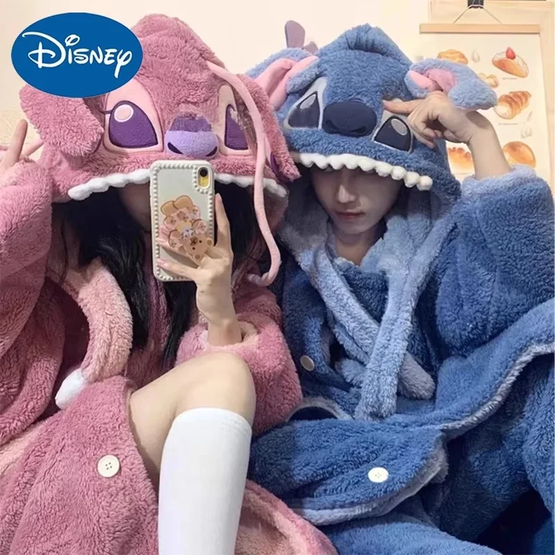 Disney Stitch Angel Hooded Pajamas Clothes Set Y2k Couple Kawaii Coral Fleece Home Women Winter Warm Plush Sleepwear Suit Gifts