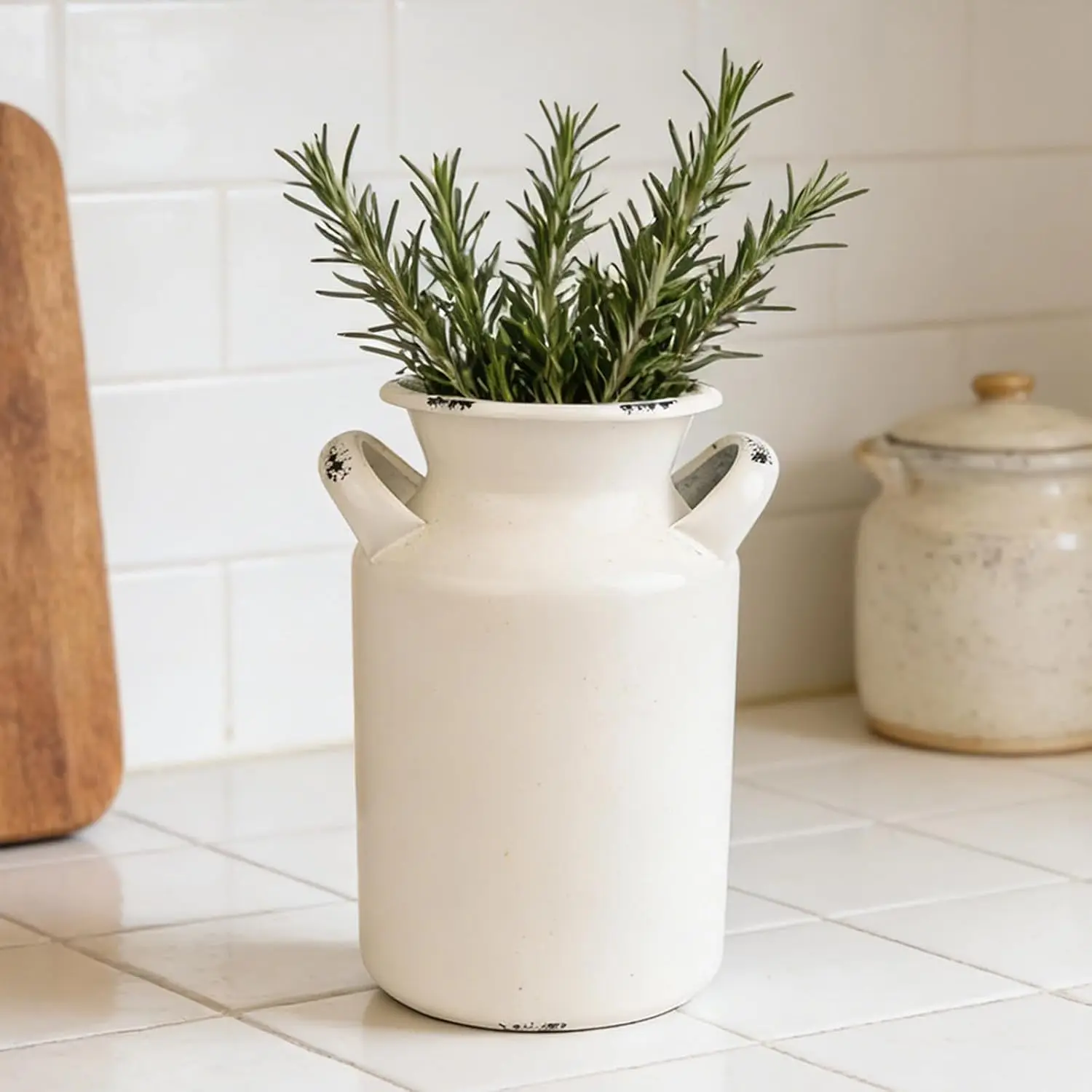 White Galvanized Metal Milk Can Vase Rustic Primitive Flower Holder Home Office Garden Decor 7.87
